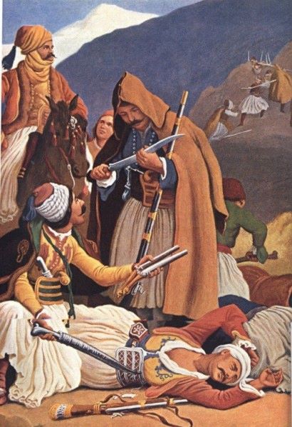 Ο Καραισκάκης καταστρέφει τους Τούρκους στην Αράχωβα. Εγχρωμη λιθογραφία. Peter Von Hess